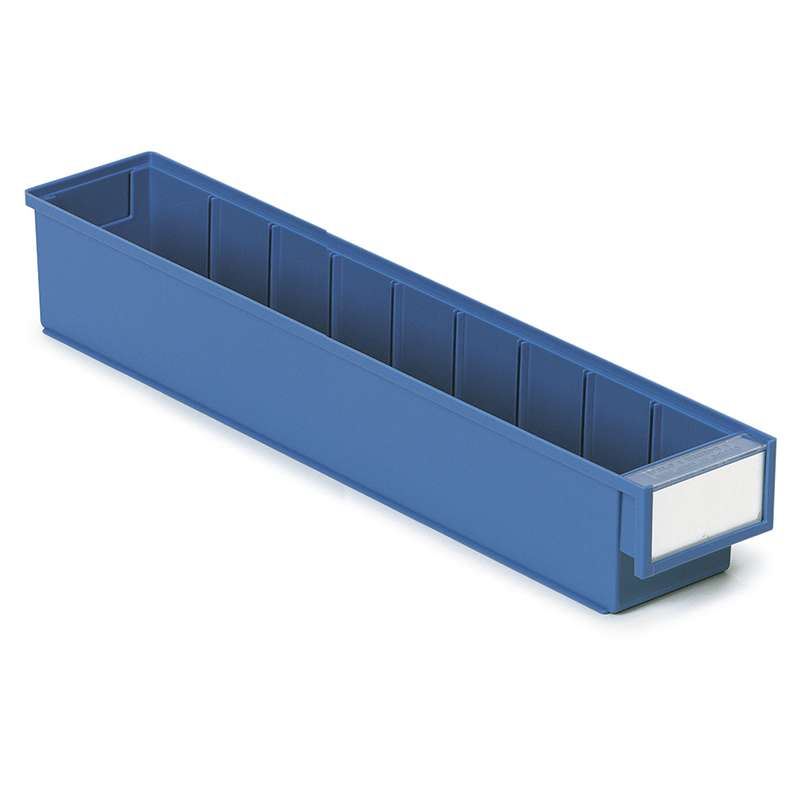 Storage Shelf Poly Bin and Label with Shield, Blue, 19.68 x 3.62 x 3.22”, Case of 30 Bins